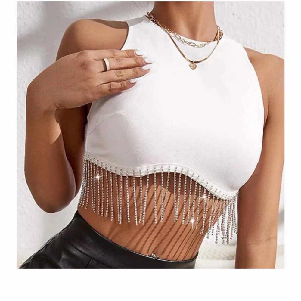 White Beaded Fringe Halter Top western